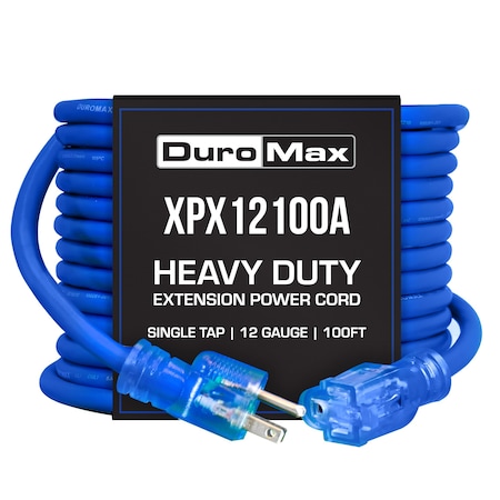 Duromax SJEOOW Extension Cord, 12 AWG, Indoor/Outdoor, 3 Outlets, Blue, PVC, 100 ft XPX12100A
